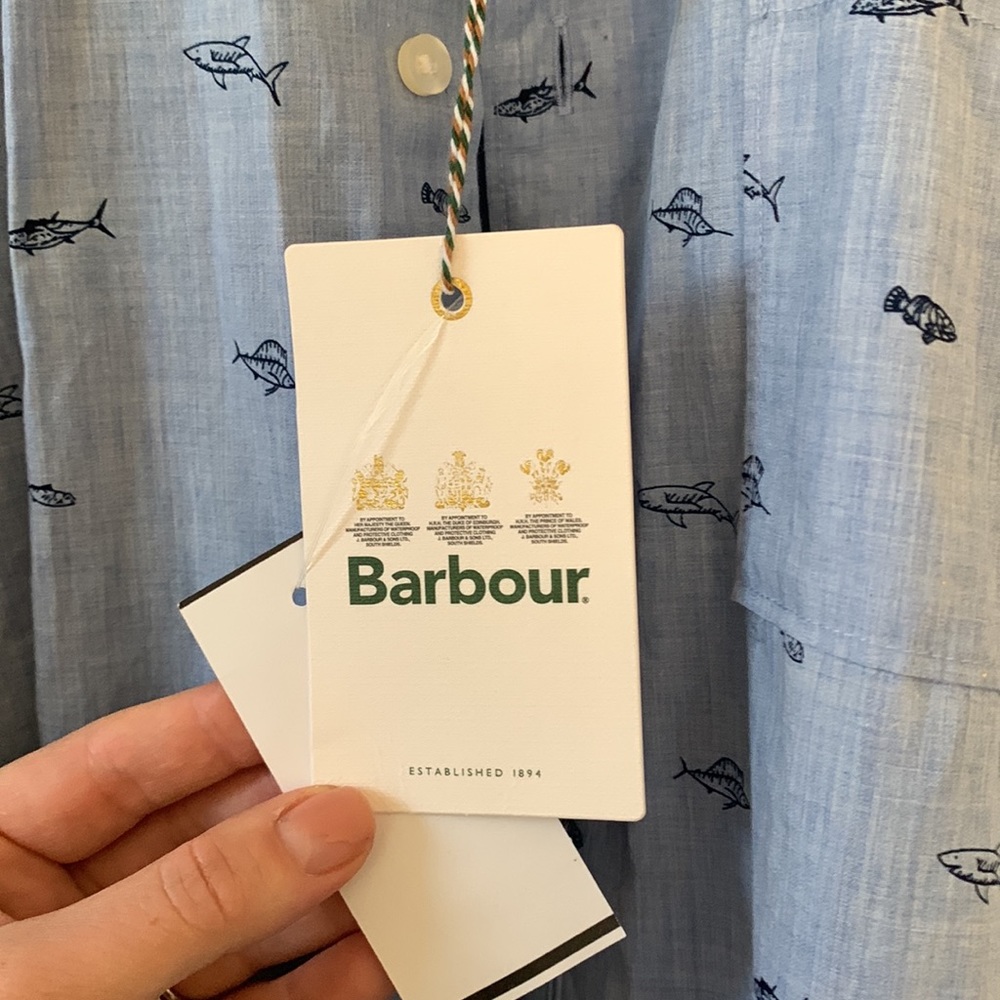 Barbour Blue Summer Chambray Fish & Shark button up NWT - Picture 5 of 10